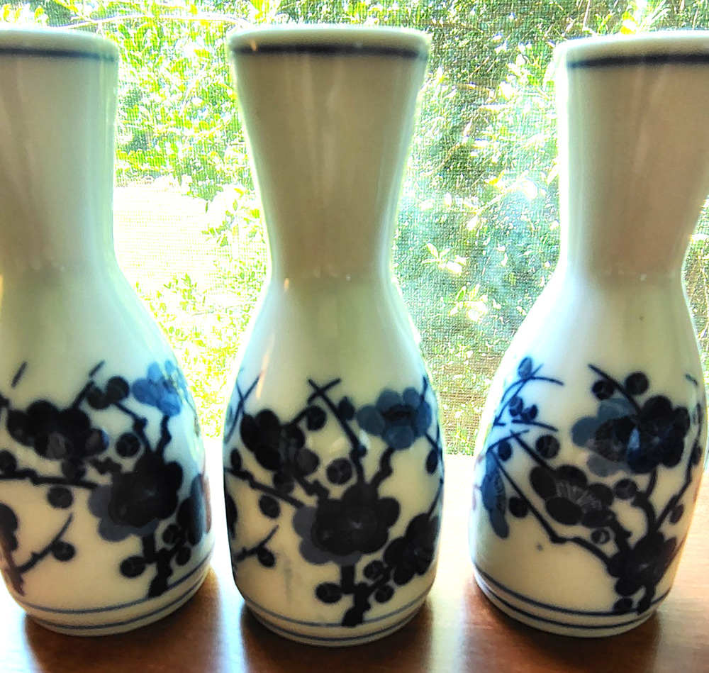 (3) Vtg Japanese Sake Bottle Decanter Vase Blue Porcelain Bamboo Cherry Blossoms